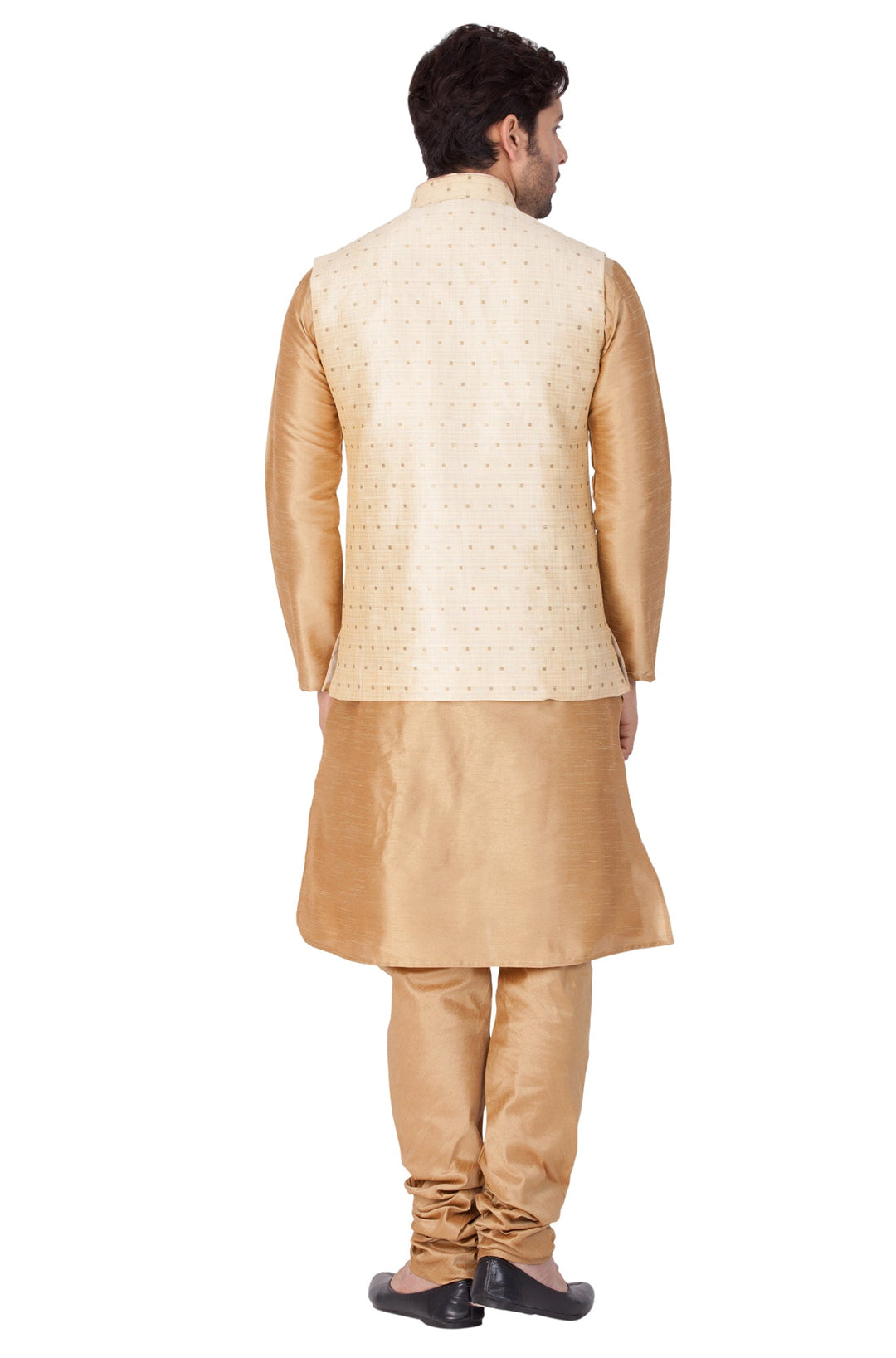 VM By VASTRAMAY Men's Gold Zari Weaved Jacket With Kurta Pyjama Set