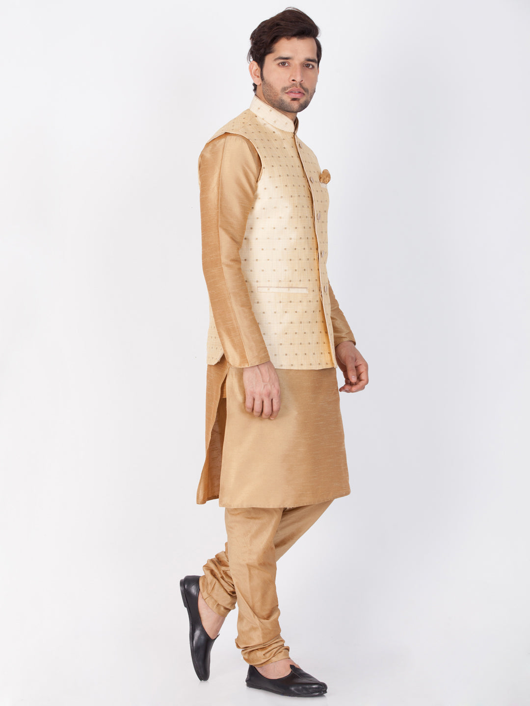 Vastramay Rose Gold Silk Blend Baap Beta Jacket Kurta Pyjama set