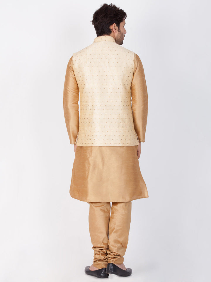 Vastramay Rose Gold Silk Blend Baap Beta Jacket Kurta Pyjama set