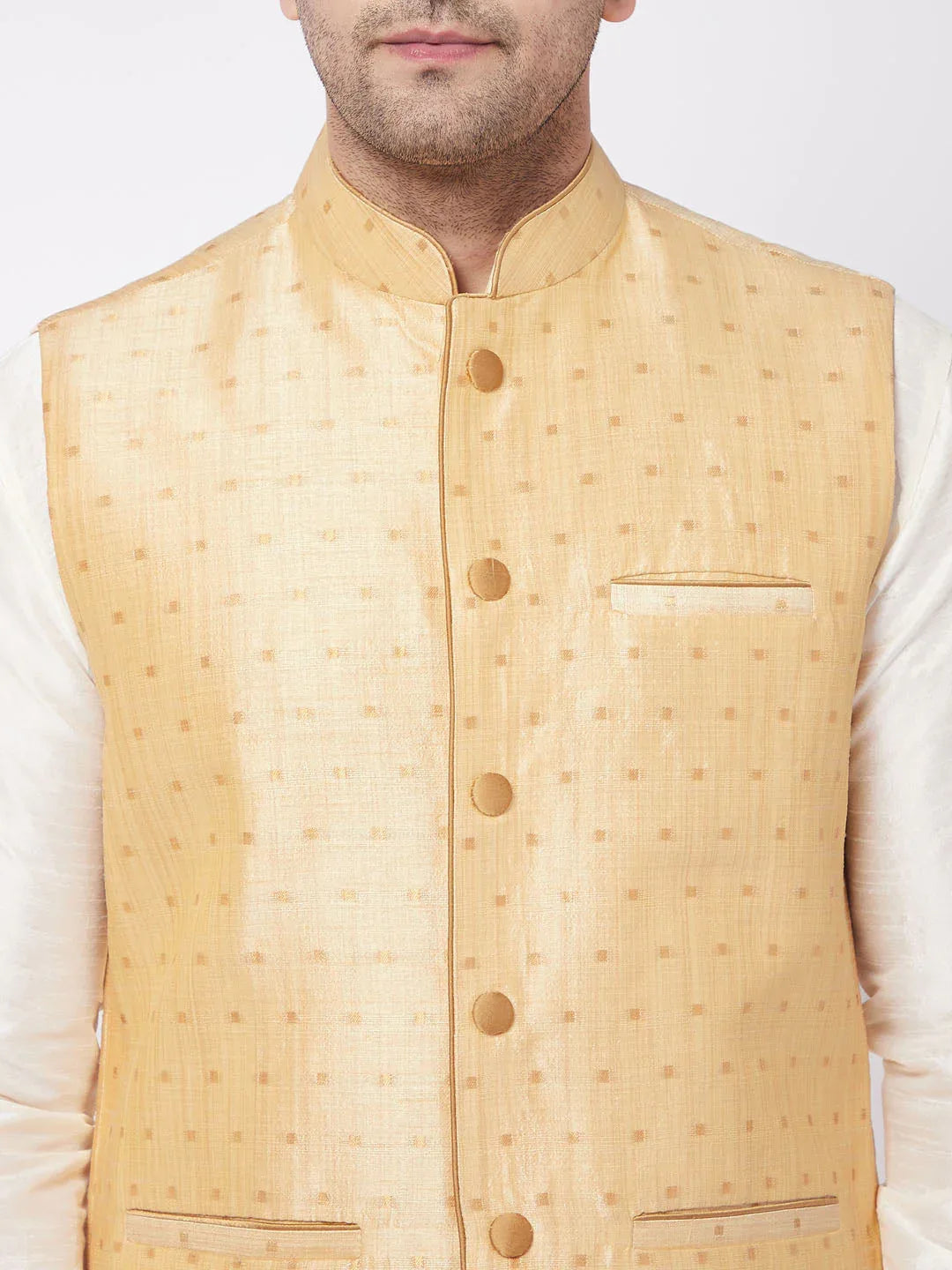 Men's Gold Zari Weaved Jacket With Kurta Pyjama Set