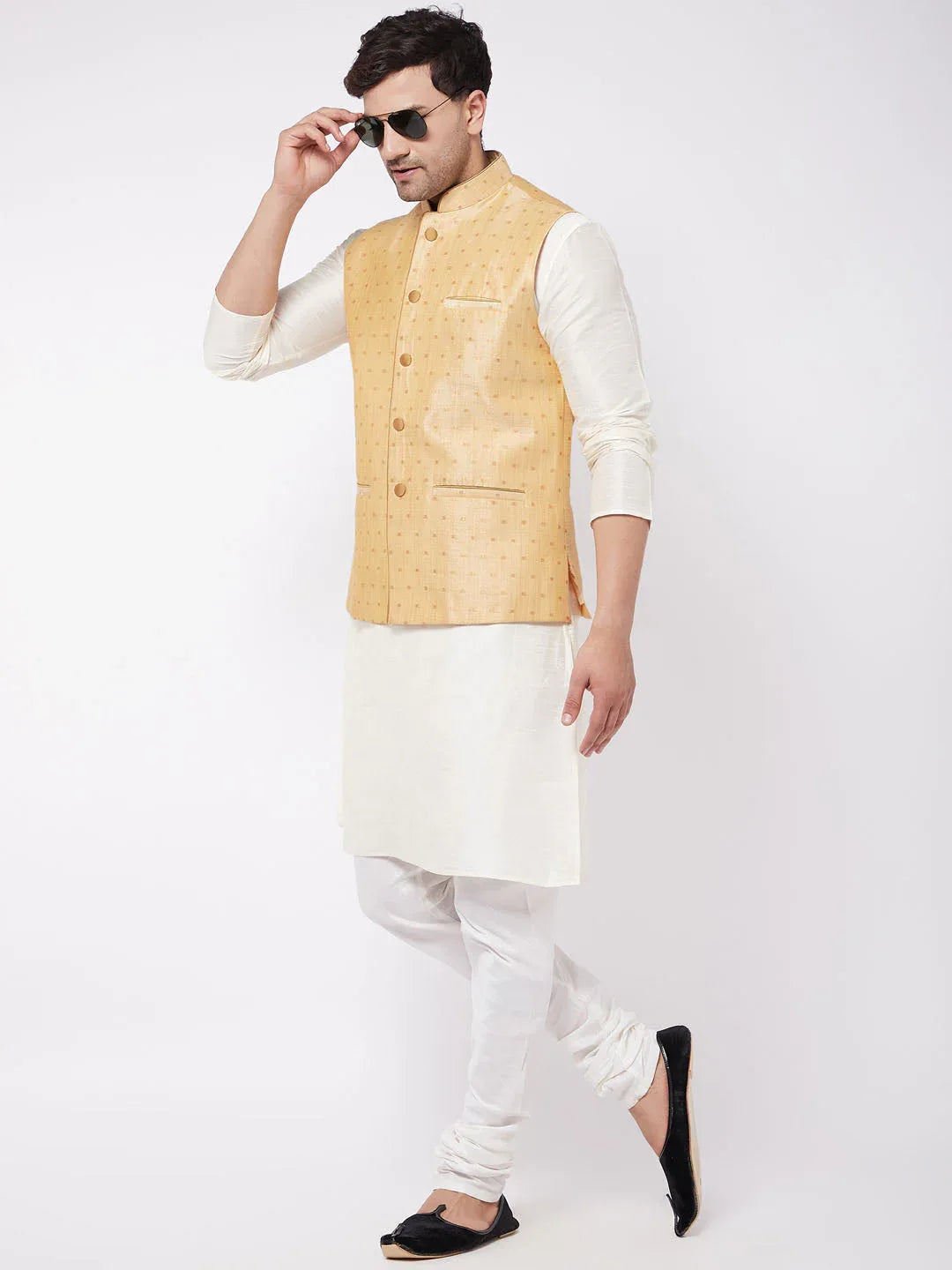 Men's Gold Zari Weaved Jacket With Kurta Pyjama Set