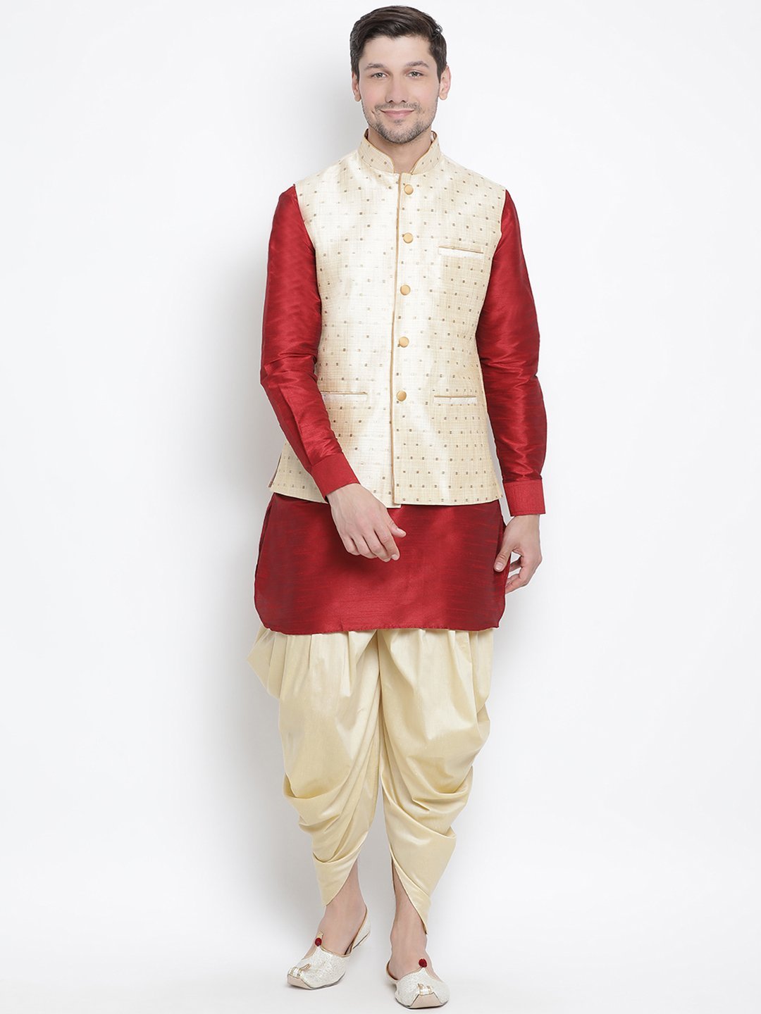 VASTRAMAY Men's Gold Zari Weaved Jacket With Kurta Dhoti Set