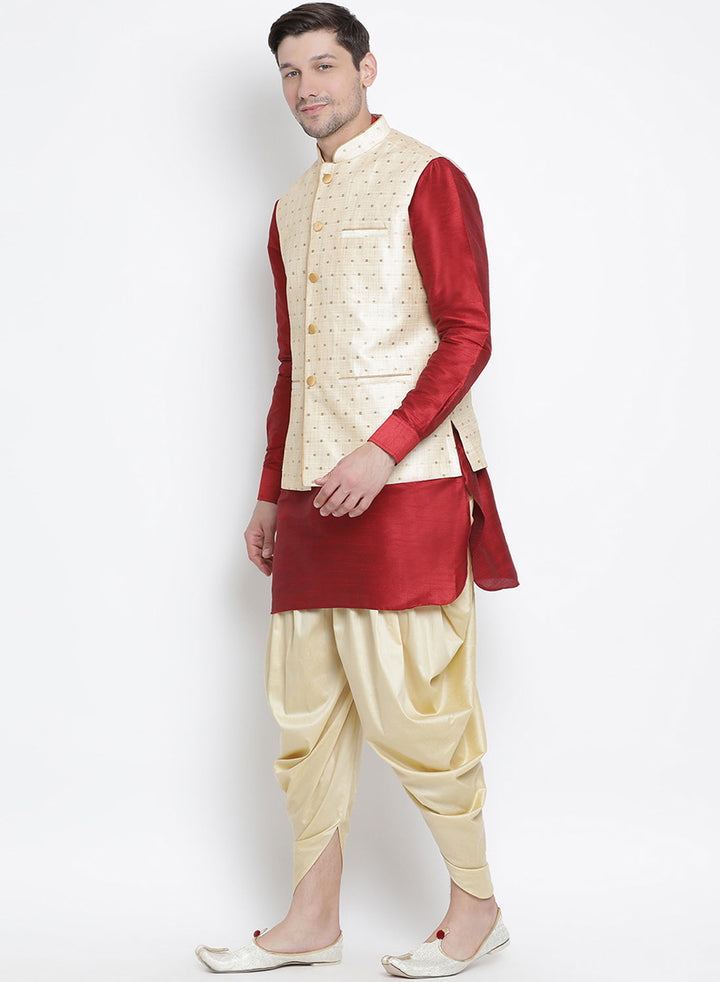 VASTRAMAY Men's Gold Zari Weaved Jacket With Kurta Dhoti Set