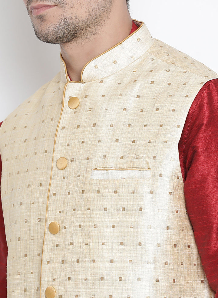 VASTRAMAY Men's Gold Zari Weaved Jacket With Kurta Dhoti Set