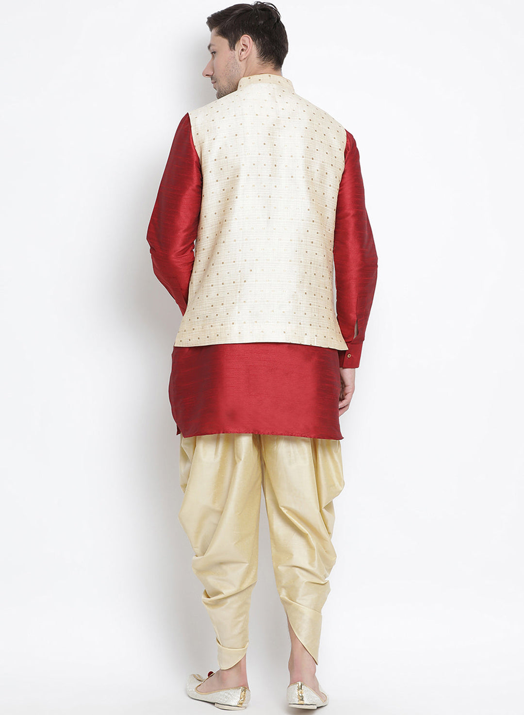 VASTRAMAY Men's Gold Zari Weaved Jacket With Kurta Dhoti Set