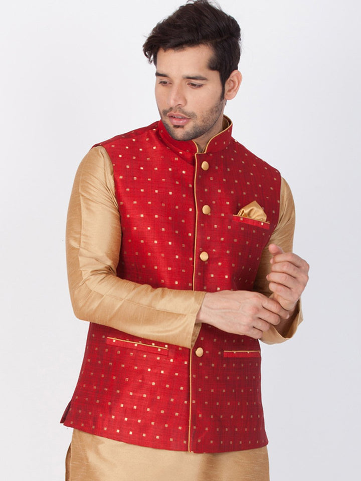 Vastramay Silk Blend Maroon and Rose Gold Baap Beta Ethnic Jacket