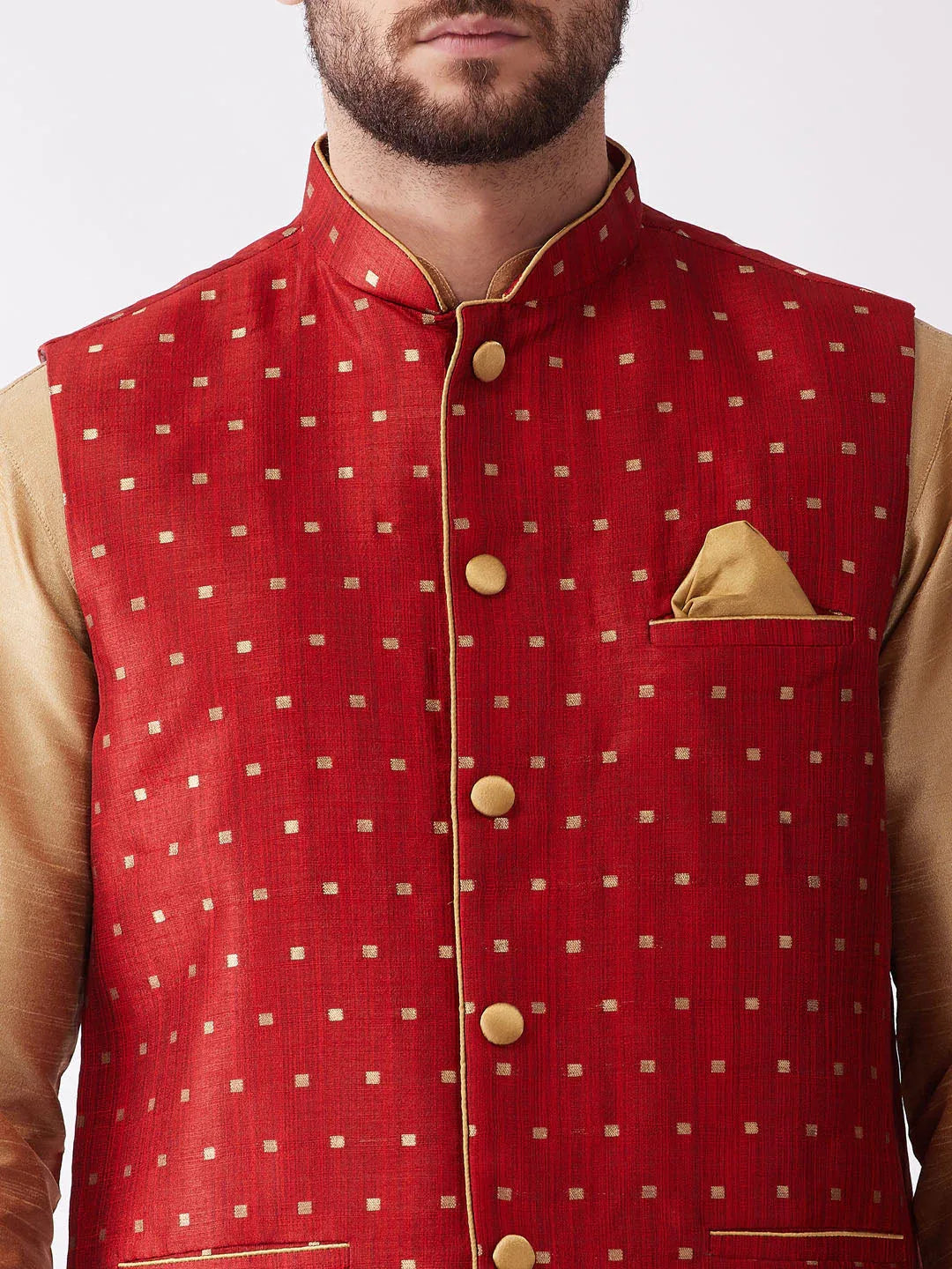 Men's Maroon Zari Weaved Jacket With Kurta Dhoti Set