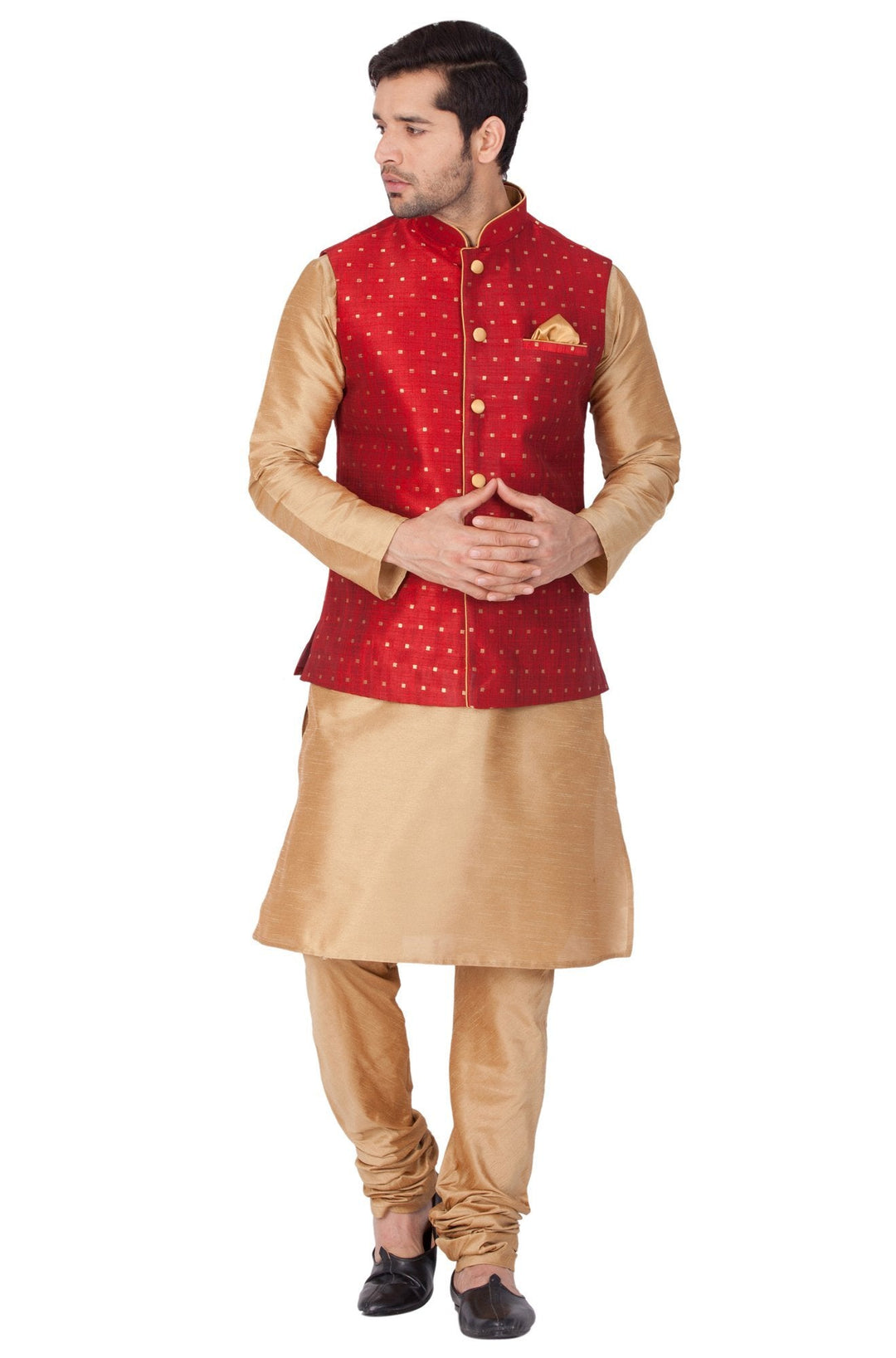 VM By VASTRAMAY Men's Maroon Zari Weaved Jacket With Kurta Pyjama Set