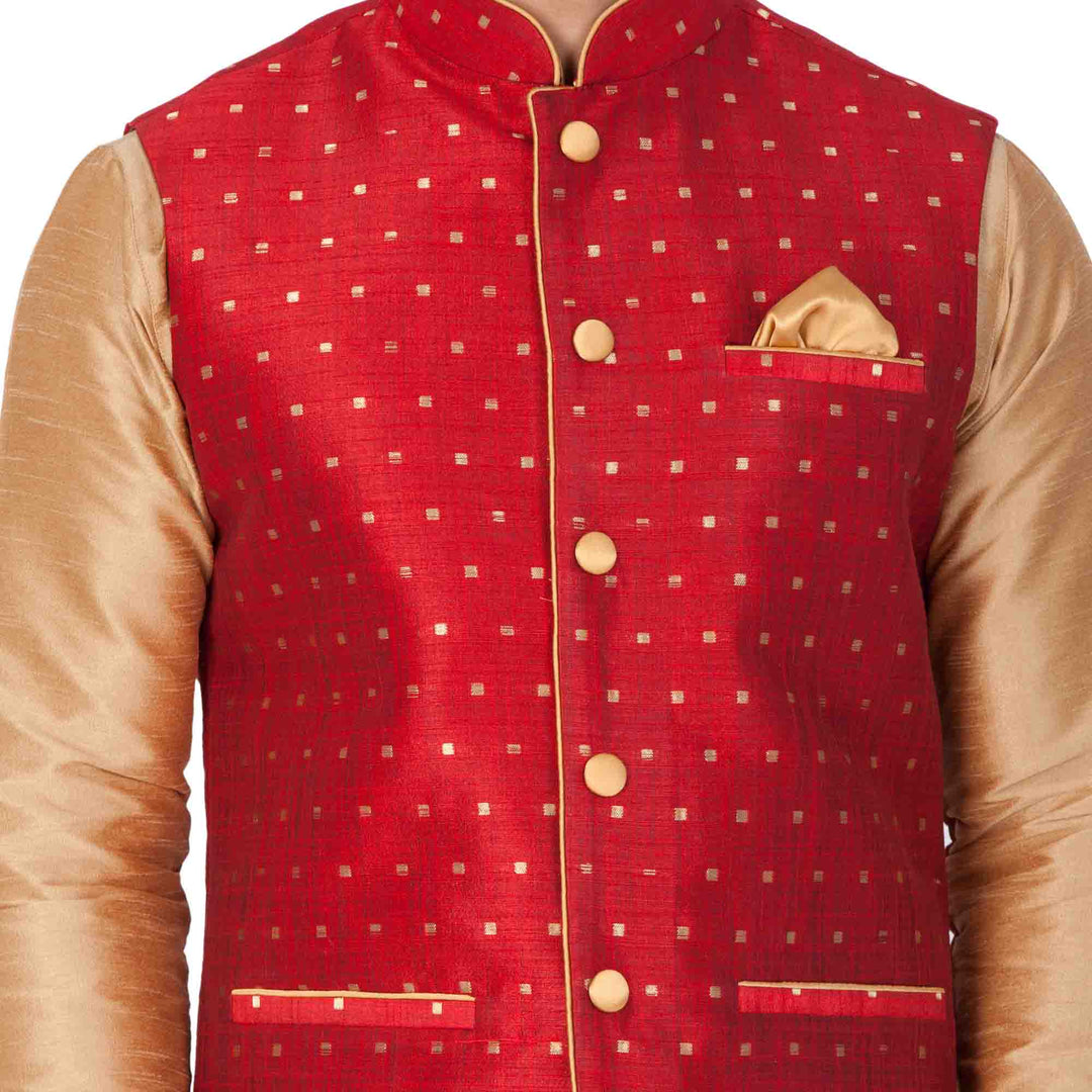 VM By VASTRAMAY Men's Maroon Zari Weaved Jacket With Kurta Pyjama Set