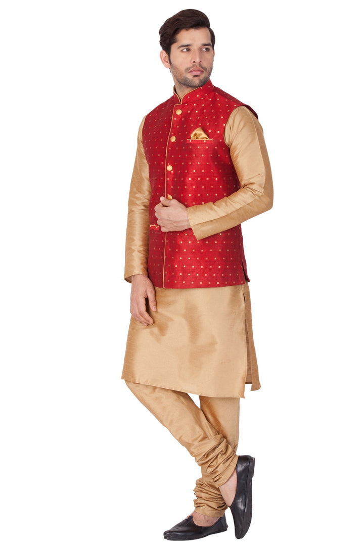 VM By VASTRAMAY Men's Maroon Zari Weaved Jacket With Kurta Pyjama Set