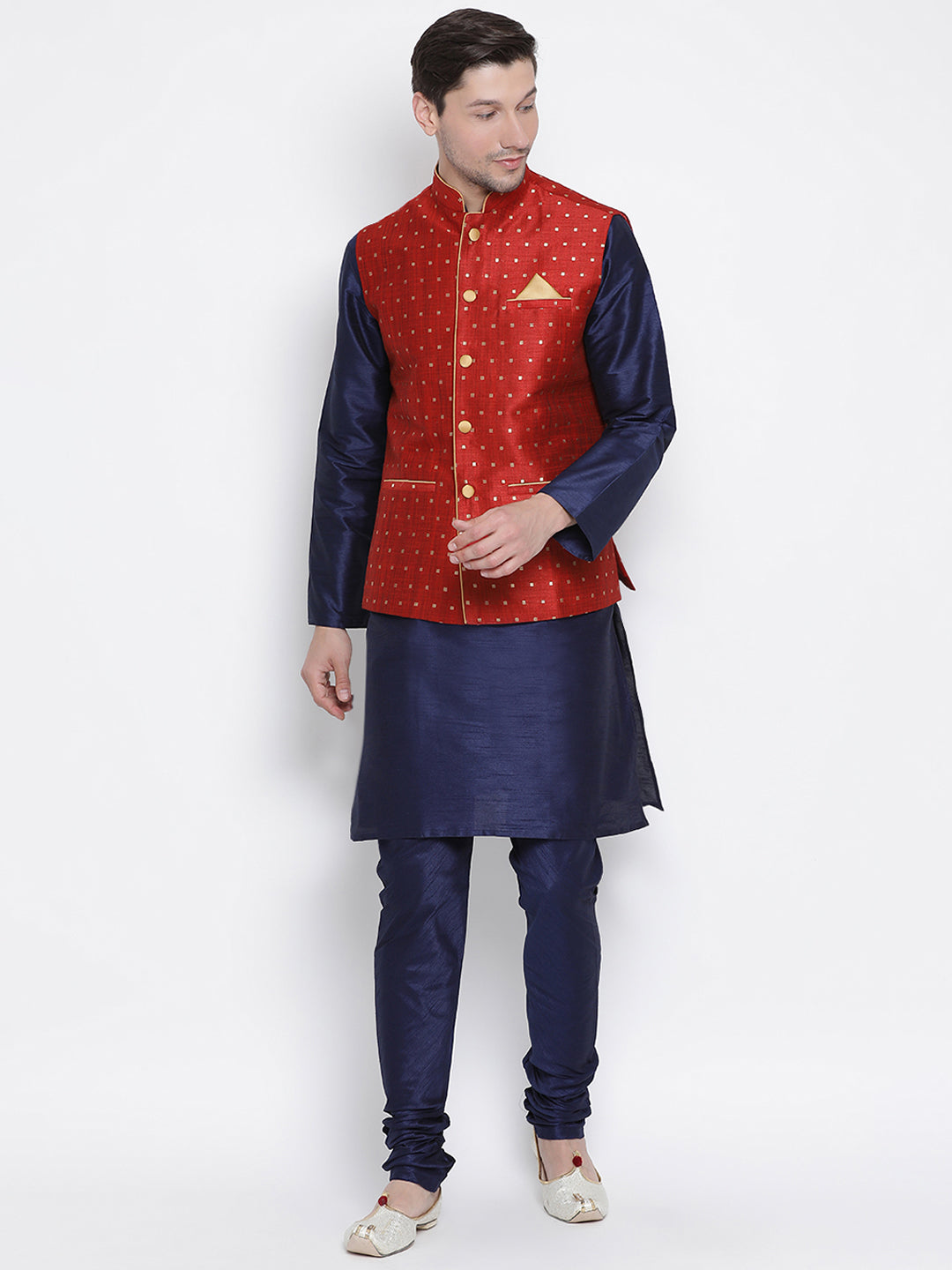 Vastramay Silk Blend Maroon and Navy Blue Baap Beta Jacket Kurta Pyjama set