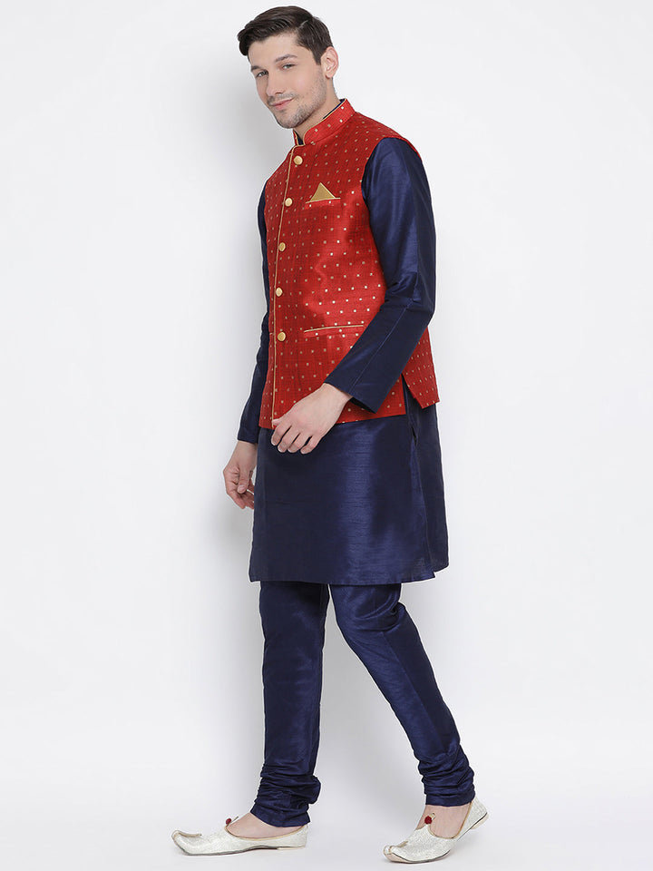 Vastramay Silk Blend Maroon and Navy Blue Baap Beta Jacket Kurta Pyjama set