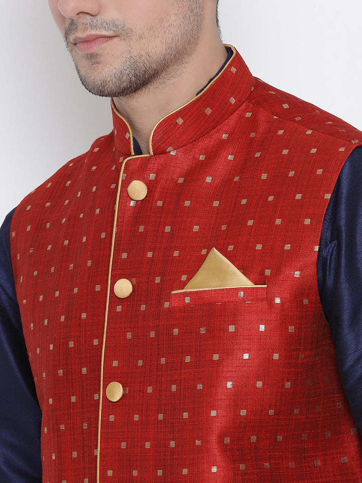 VASTRAMAY Men's Maroon Zari Weaved Jacket With Kurta Pyjama Set