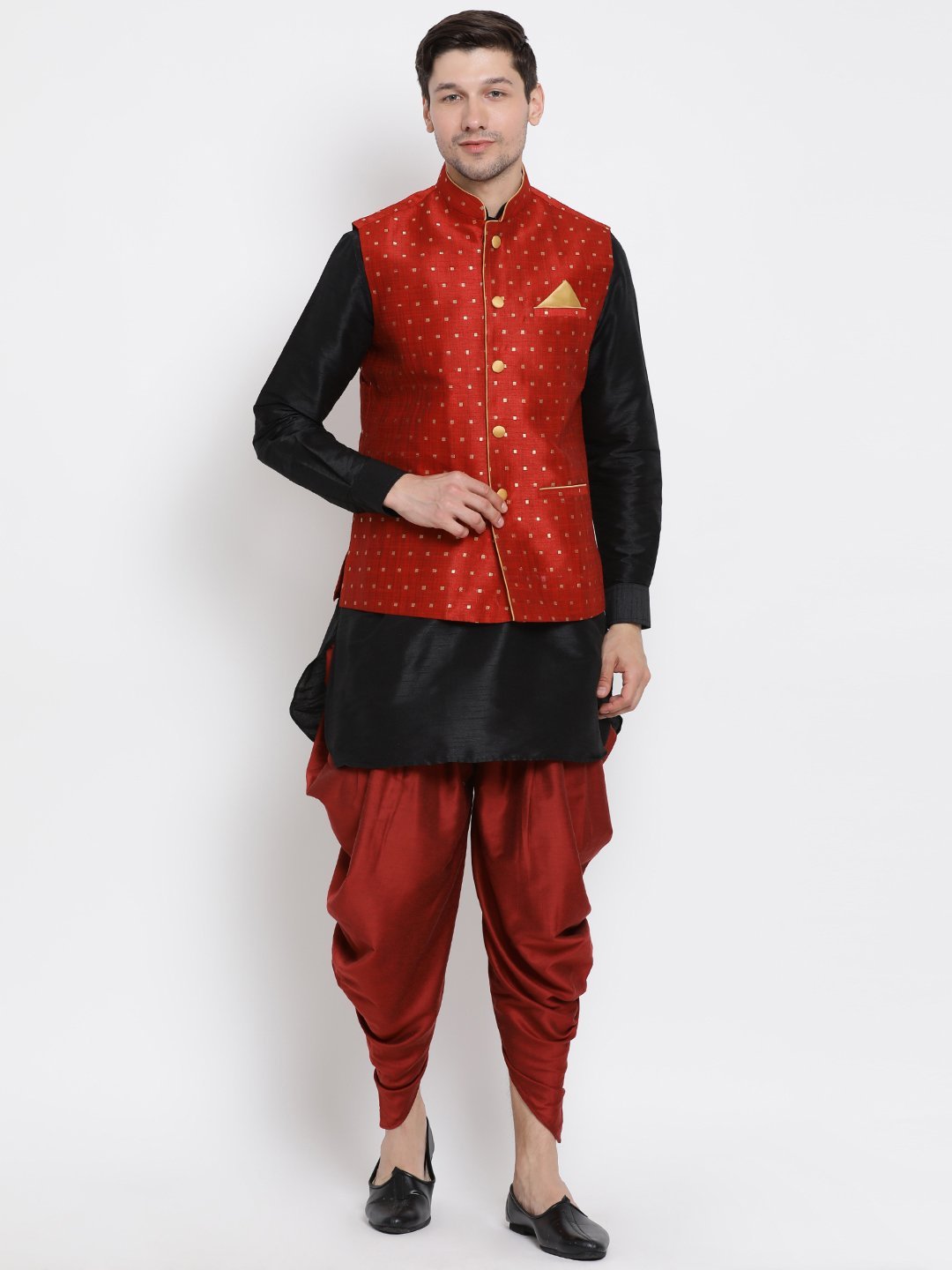 VASTRAMAY Men's Maroon Zari Weaved Jacket With Kurta Dhoti Set