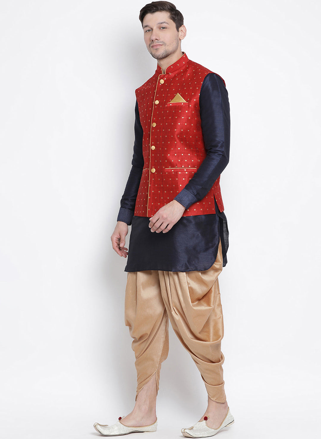 Vastramay Maroon, Navy Blue and Rose Gold Silk Blend Baap Beta Jacket Dhoti Kurta set