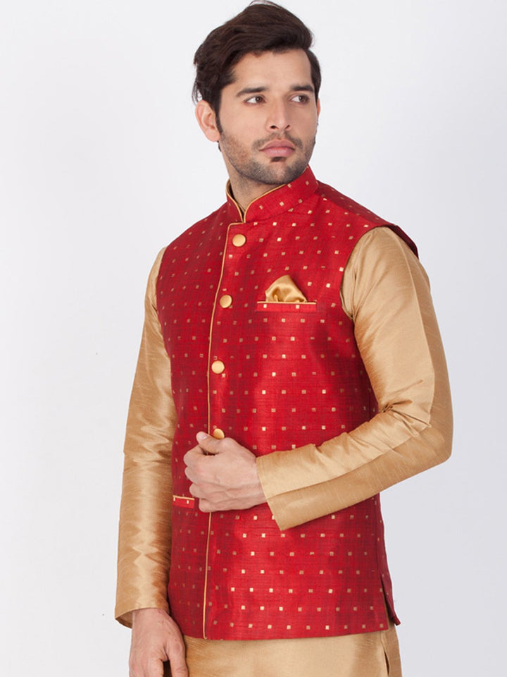 Vastramay Silk Blend Maroon and Rose Gold Baap Beta Ethnic Jacket