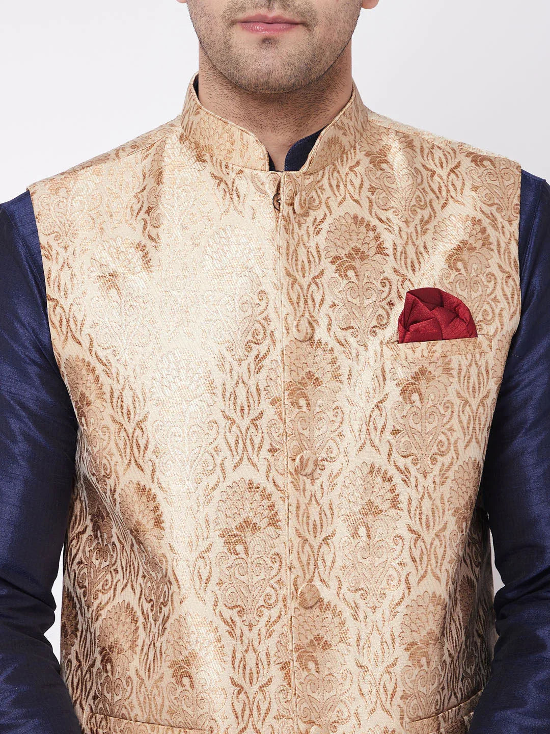 Men's Rose Gold Jacquard Jacket With Kurta Pyjama Set