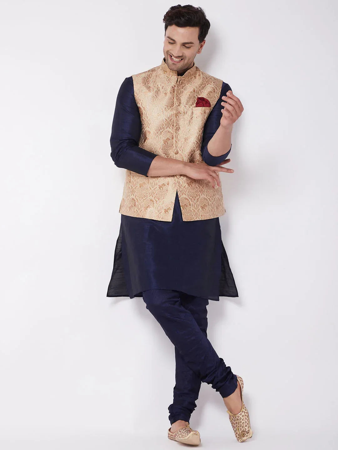 Men's Rose Gold Jacquard Jacket With Kurta Pyjama Set