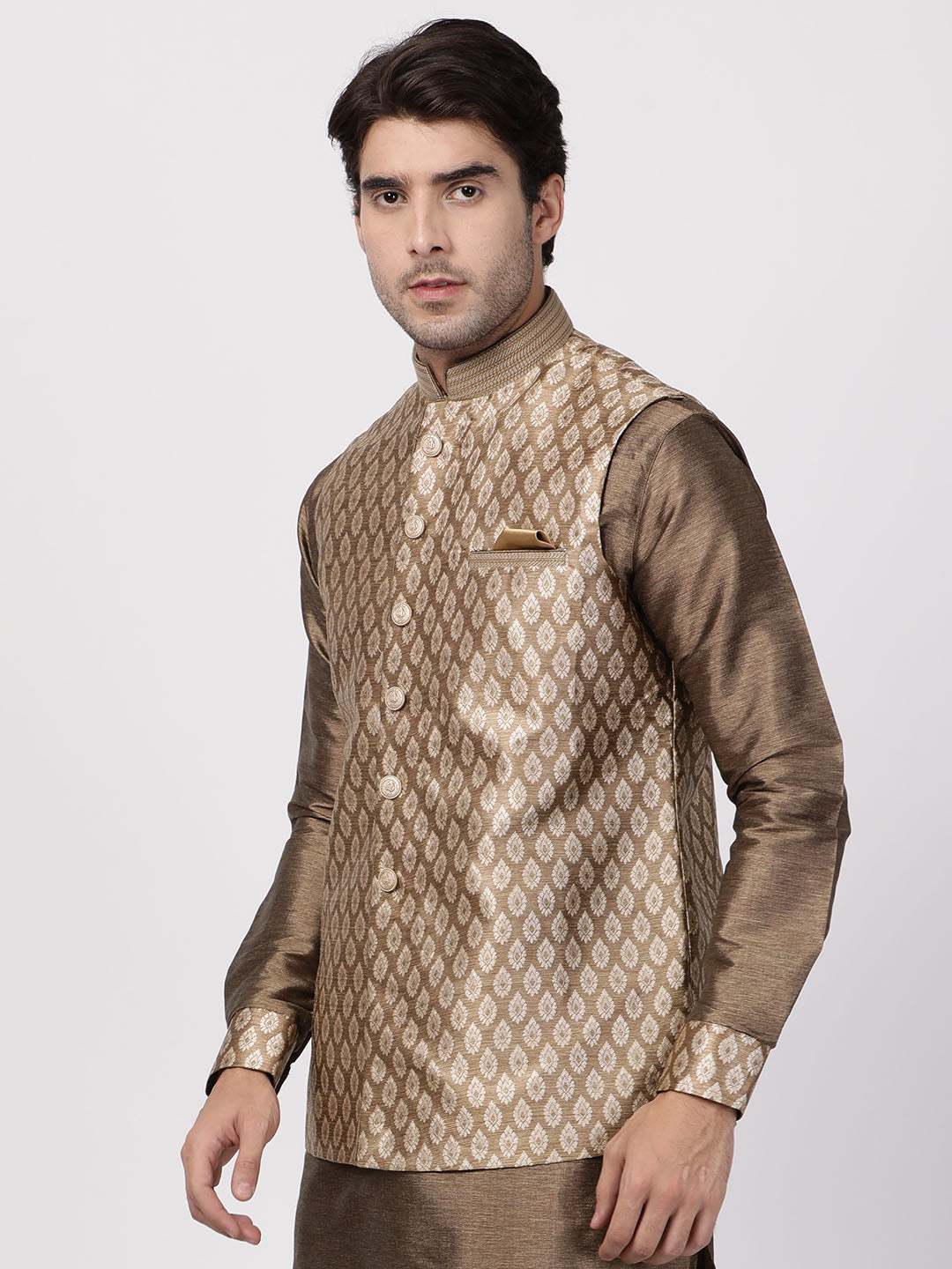 Vastramay Silk Blend Gold Baap Beta Ethnic Jacket