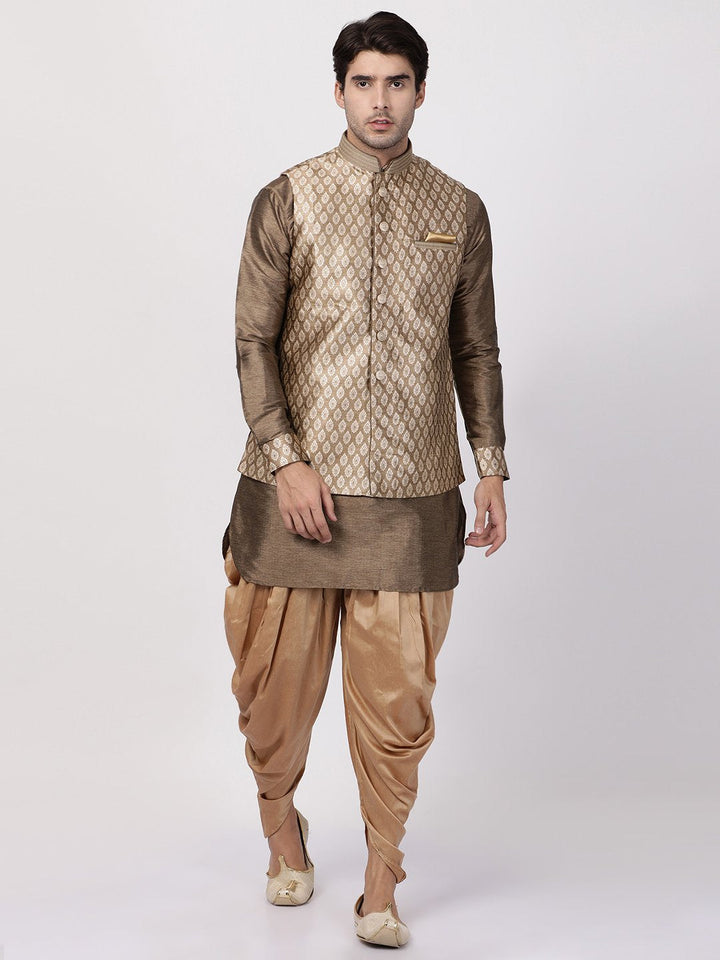 VASTRAMAY Men's Gold Woven Nehru Jacket With Kurta Dhoti Set