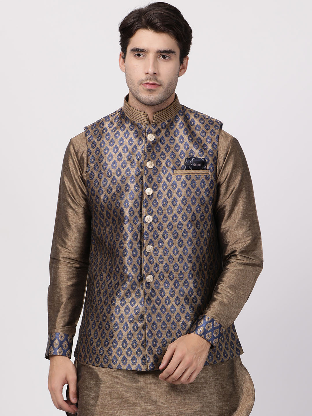 Vastramay Silk Blend Navy Blue And Gold Baap Beta Ethnic Jacket