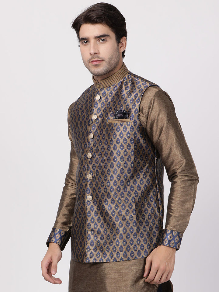 Vastramay Silk Blend Navy Blue And Gold Baap Beta Ethnic Jacket