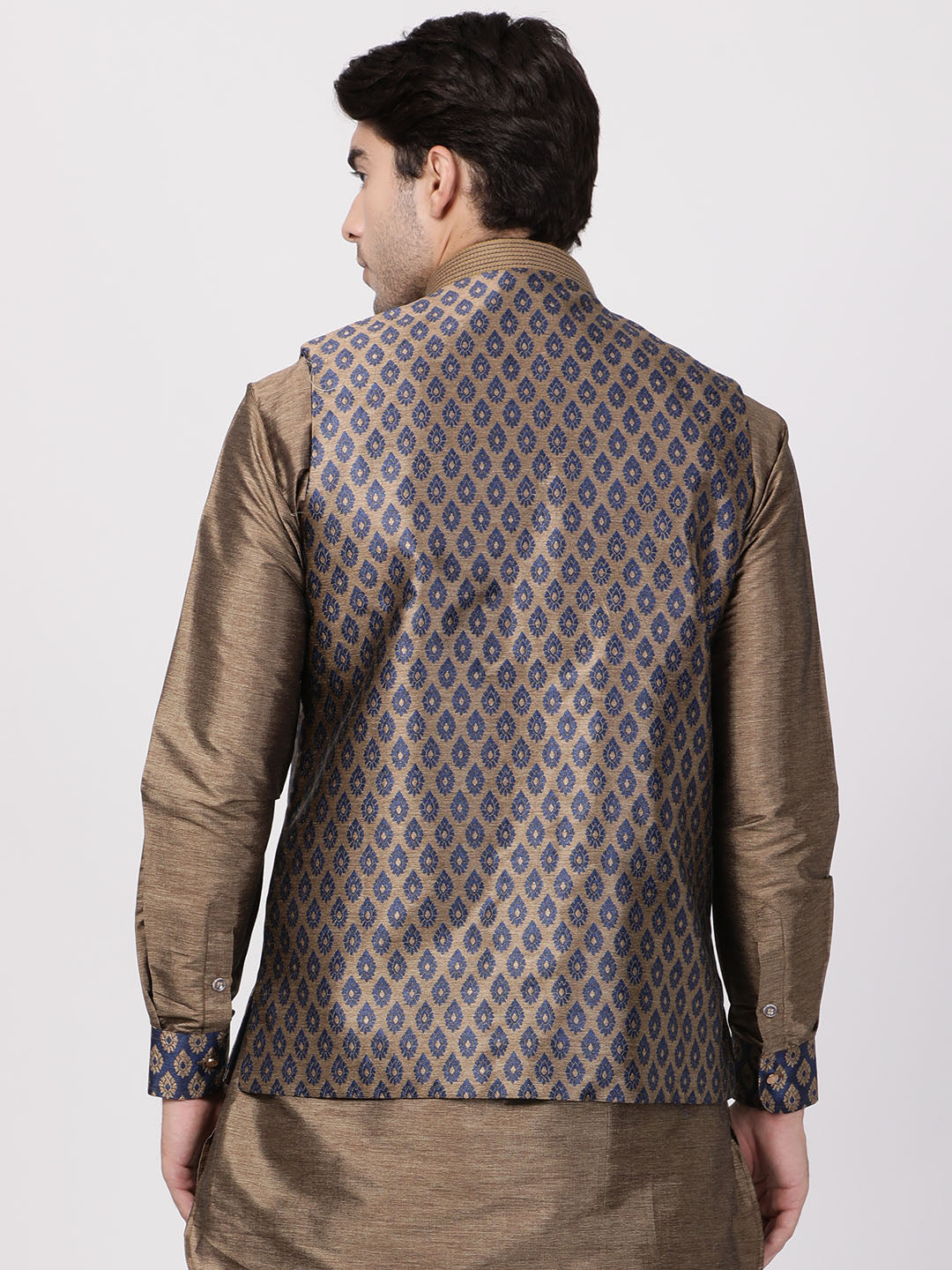 Vastramay Silk Blend Navy Blue And Gold Baap Beta Ethnic Jacket