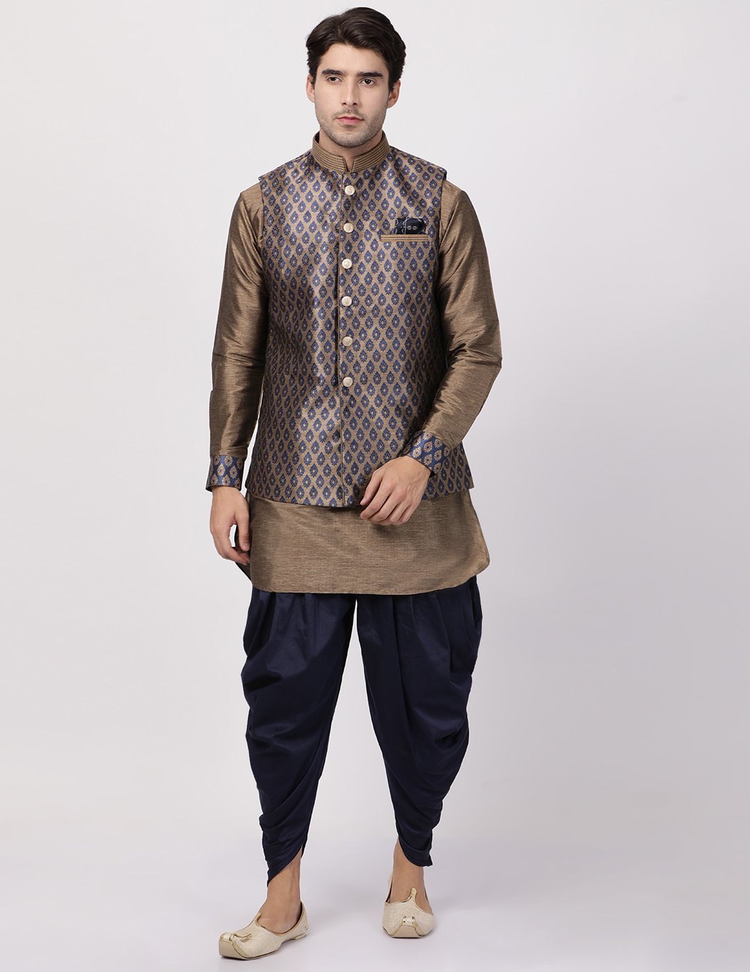 VASTRAMAY Men's Navy Blue Woven Nehru Jacket With Kurta Dhoti Set