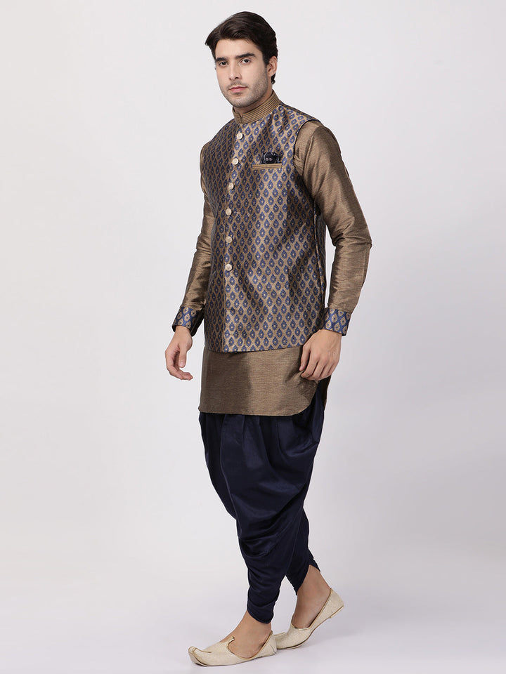 VASTRAMAY Men's Navy Blue Woven Nehru Jacket With Kurta Dhoti Set