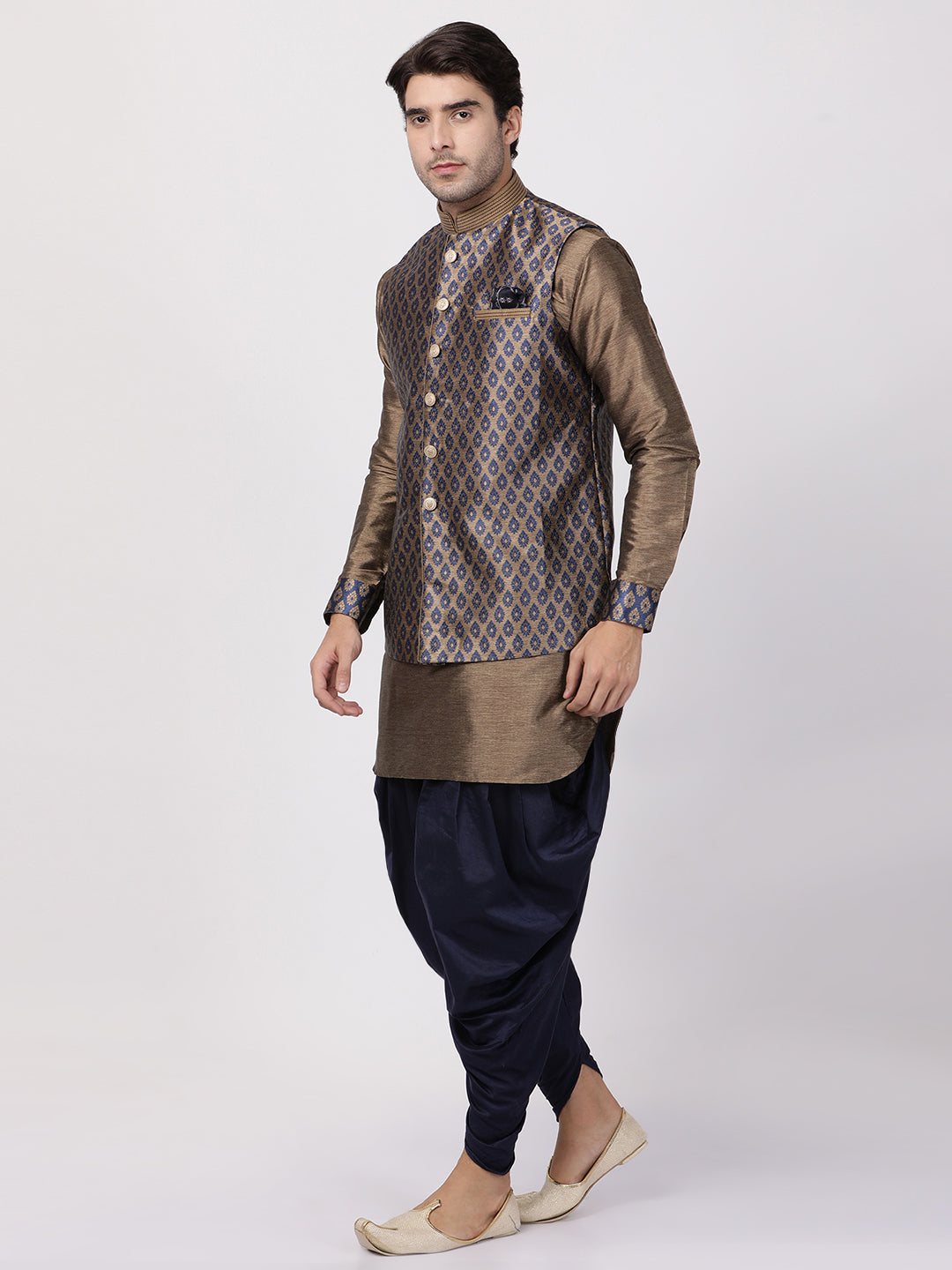 Vastramay Silk Blend Navy Blue and Gold Baap Beta Jacket Dhoti Kurta set