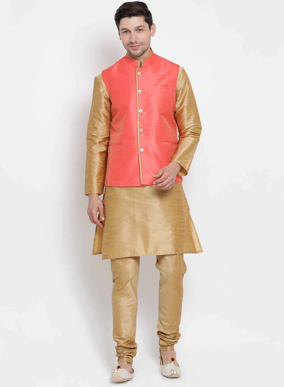 VASTRAMAY Men's Pink Cotton Silk Blend Ethnic Jacket