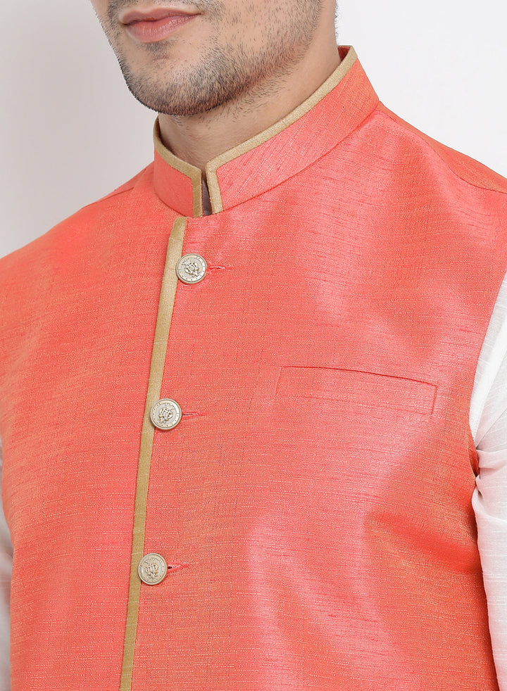 VASTRAMAY Men's Pink Cotton Silk Blend Ethnic Jacket