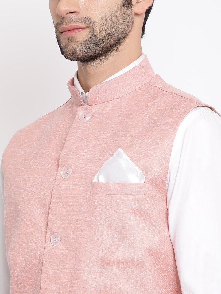 VASTRAMAY Men's Peach Solid Classic Royal Cotton Blend Nehru Jacket