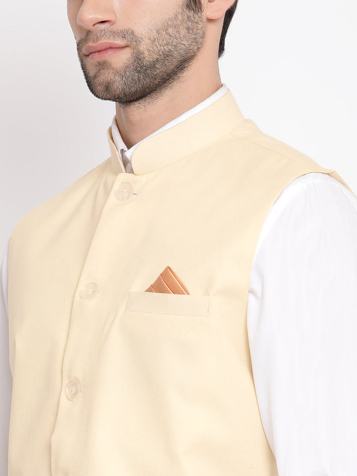 VASTRAMAY Men's Cream Solid Classic Royal Cotton Blend Nehru Jacket