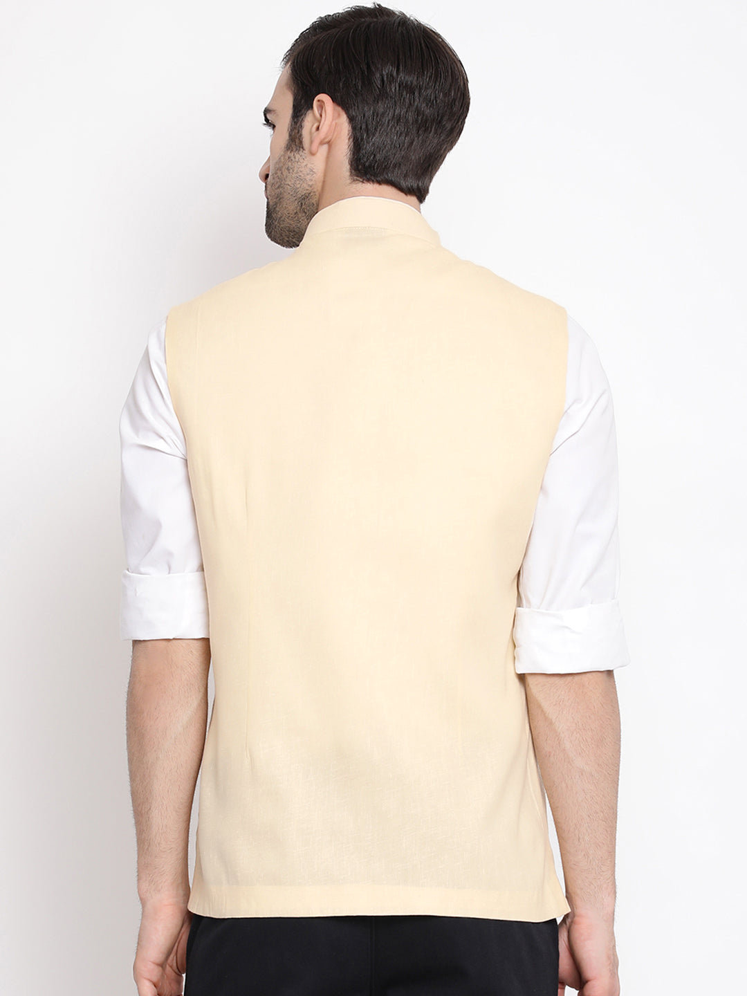 VASTRAMAY Men's Cream Solid Classic Royal Cotton Blend Nehru Jacket