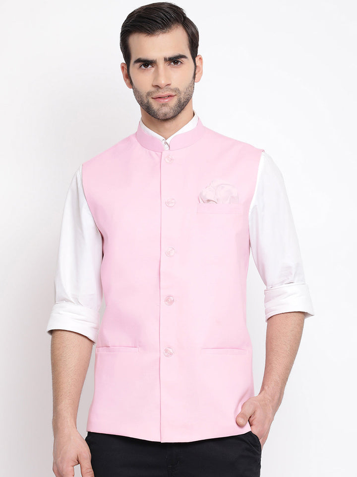 VASTRAMAY Men's Pink Solid Classic Royal Cotton Blend Nehru Jacket