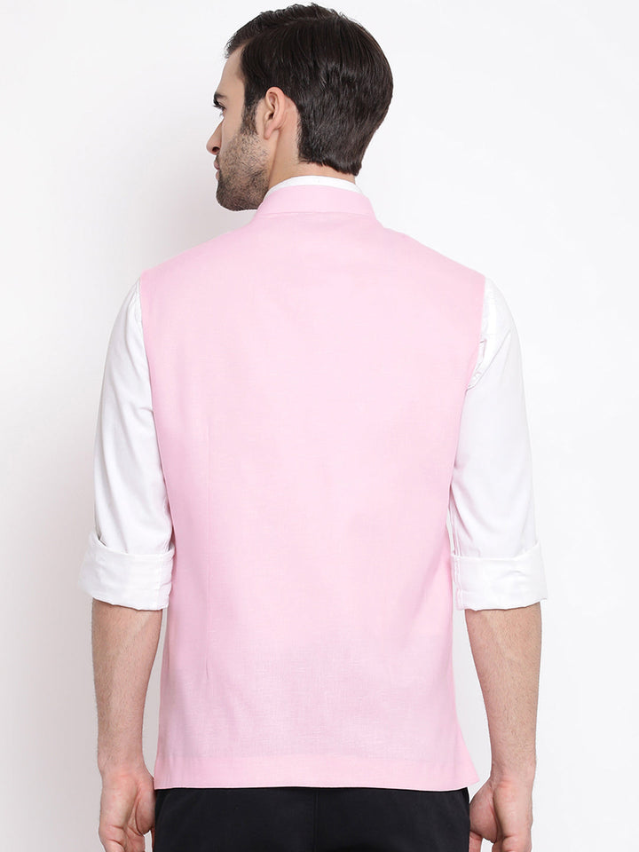 VASTRAMAY Men's Pink Solid Classic Royal Cotton Blend Nehru Jacket