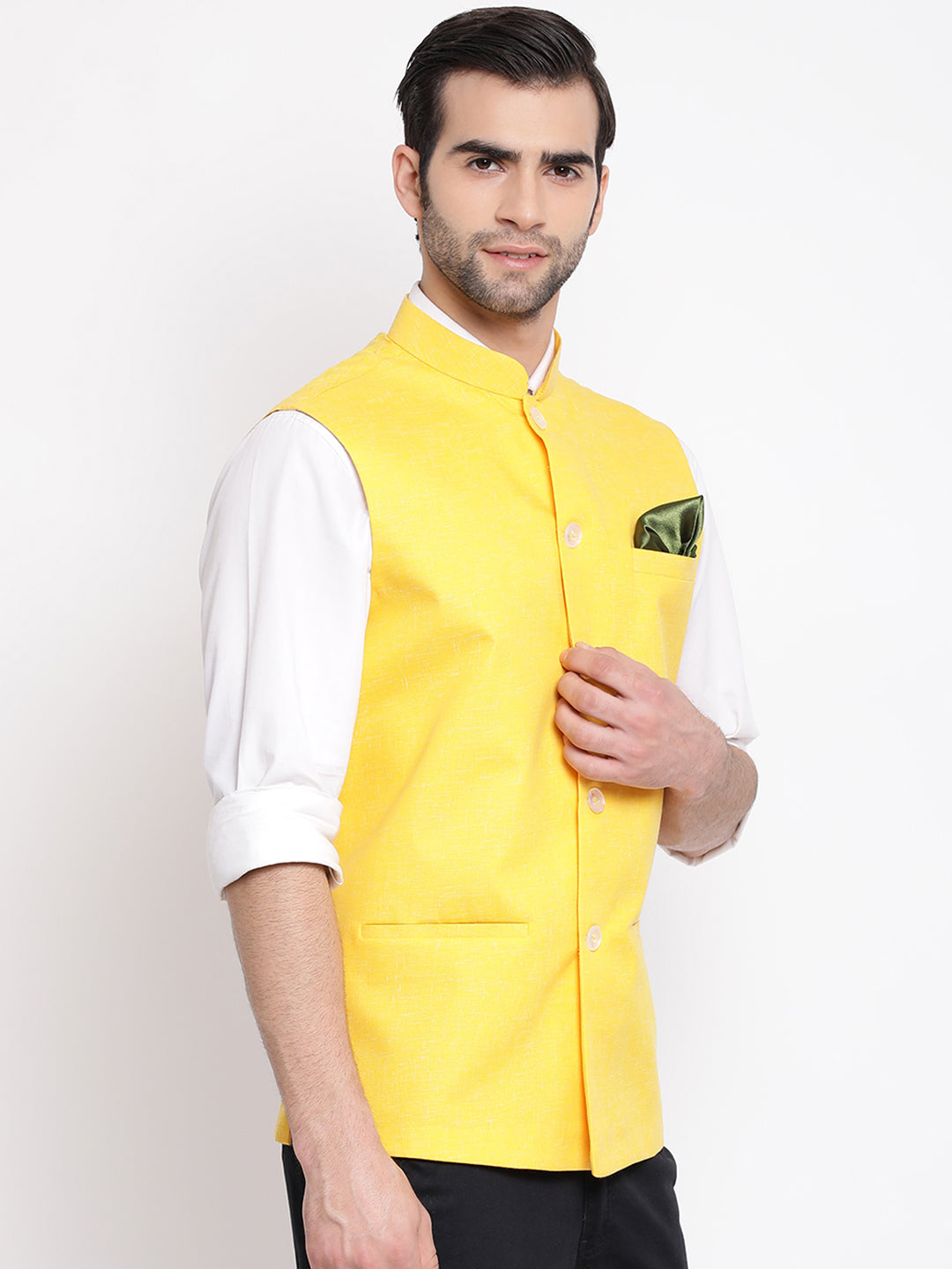 VASTRAMAY Men's Yellow Solid Classic Royal Cotton Blend Nehru Jacket