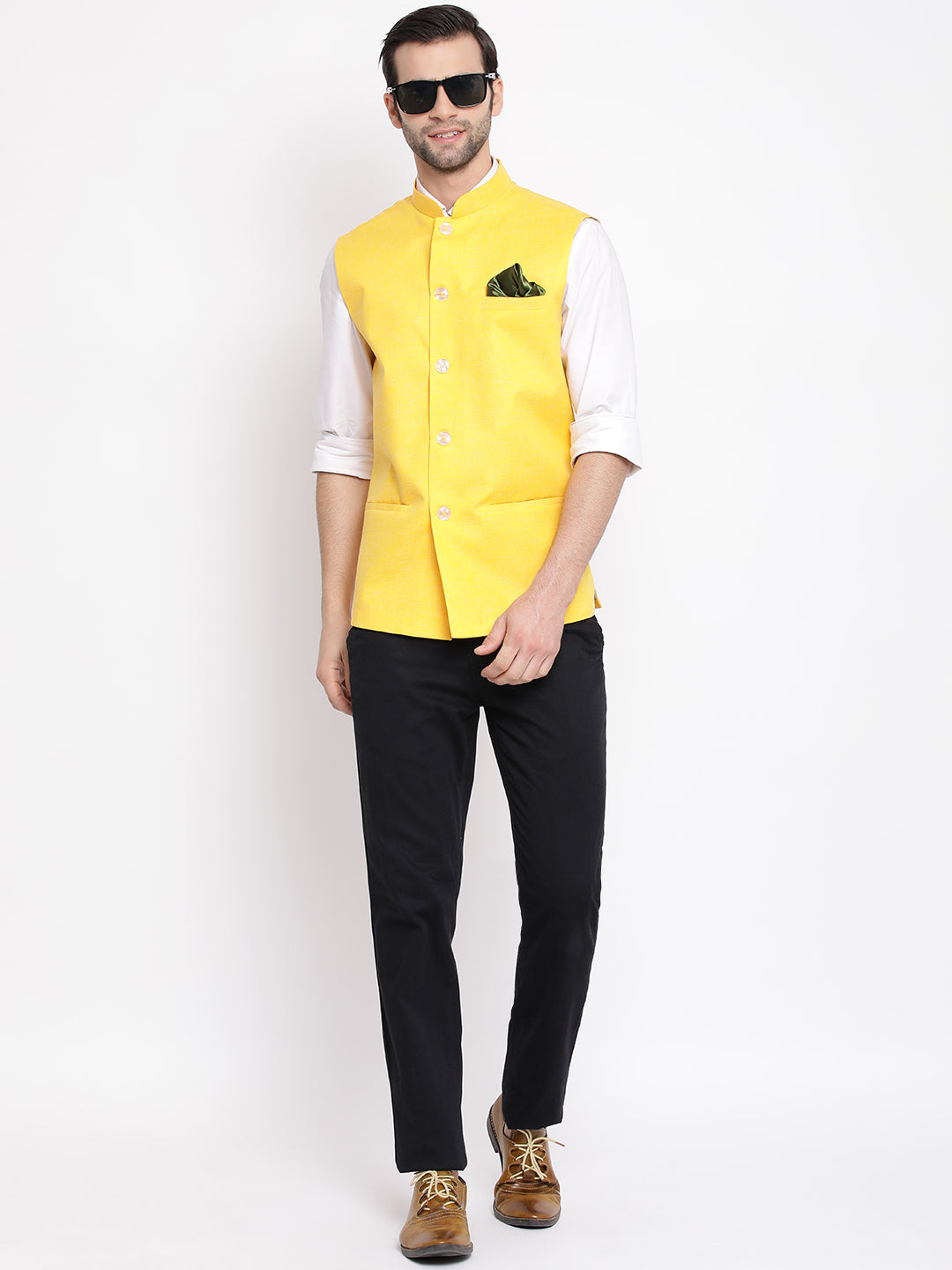 VASTRAMAY Men's Yellow Solid Classic Royal Cotton Blend Nehru Jacket