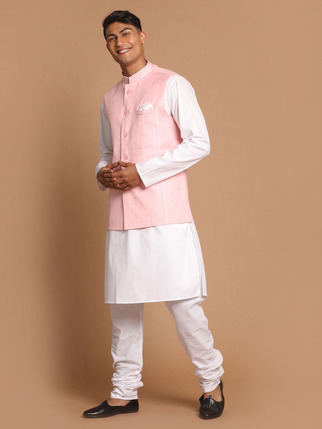 VASTRAMAY Men's White Cotton Kurta, Checkered Royal Linen Nehru Jacket and Pyjama Set