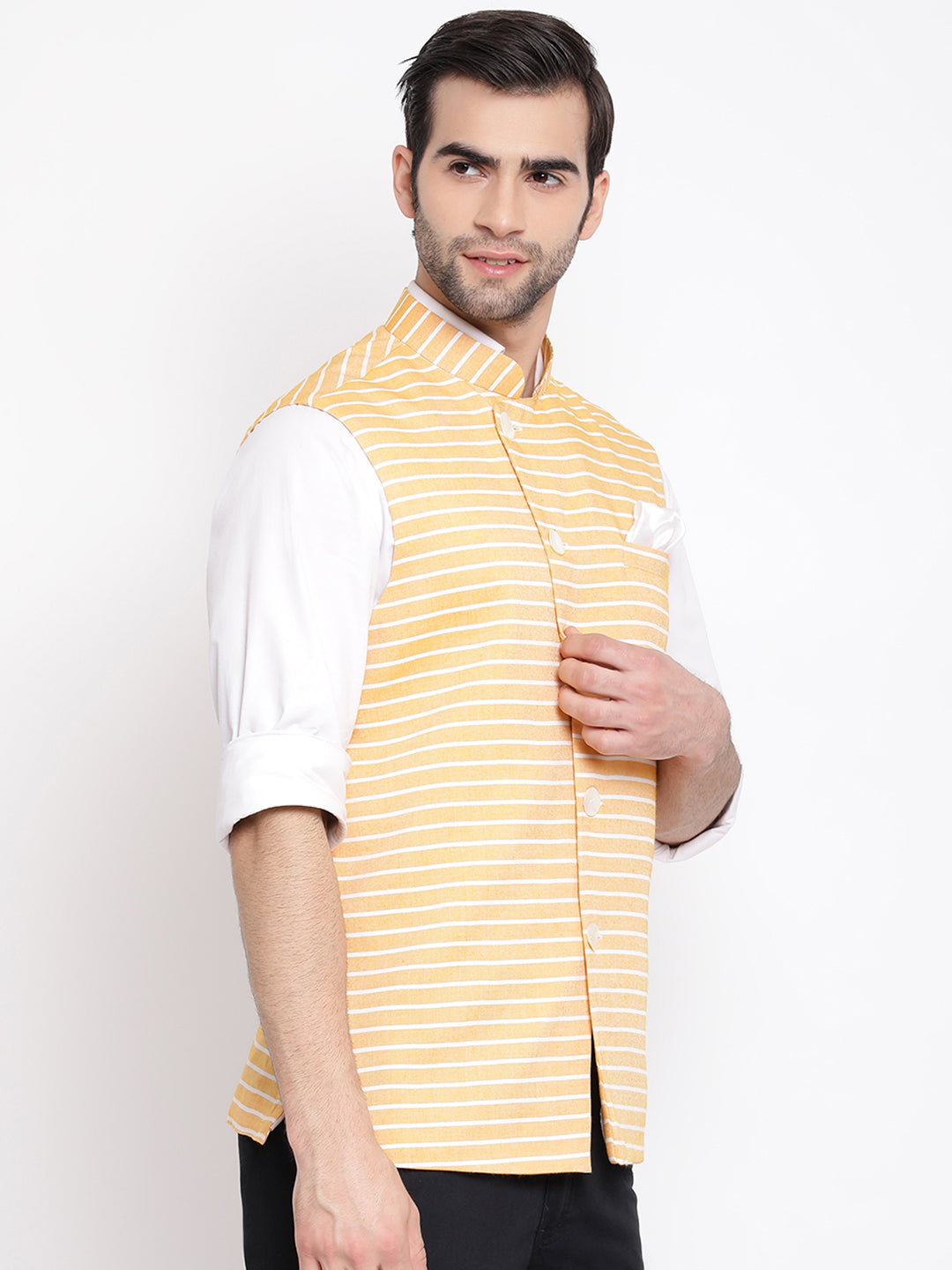 VASTRAMAY Men's Orange Stripes And Angrakha Pattern Classic Nehru Jacket