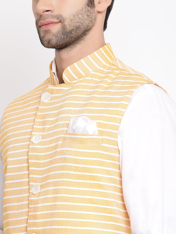 VASTRAMAY Men's Orange Stripes And Angrakha Pattern Classic Nehru Jacket