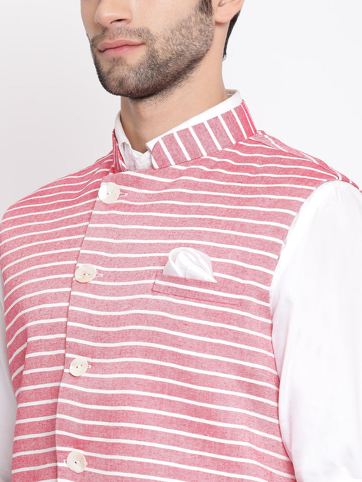 VASTRAMAY Men's Red Stripes And Angrakha Pattern Classic Nehru Jacket