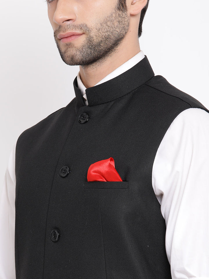 VASTRAMAY Men's Black Cotton Silk Blend Nehru Jacket