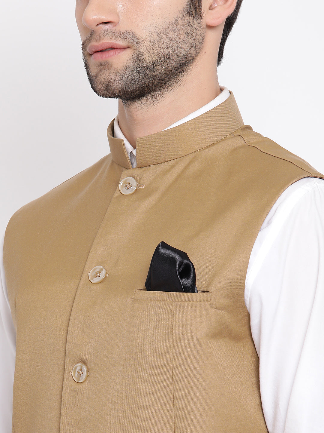 VASTRAMAY Men' s Beige Cotton Blend Twill Nehru Jacket