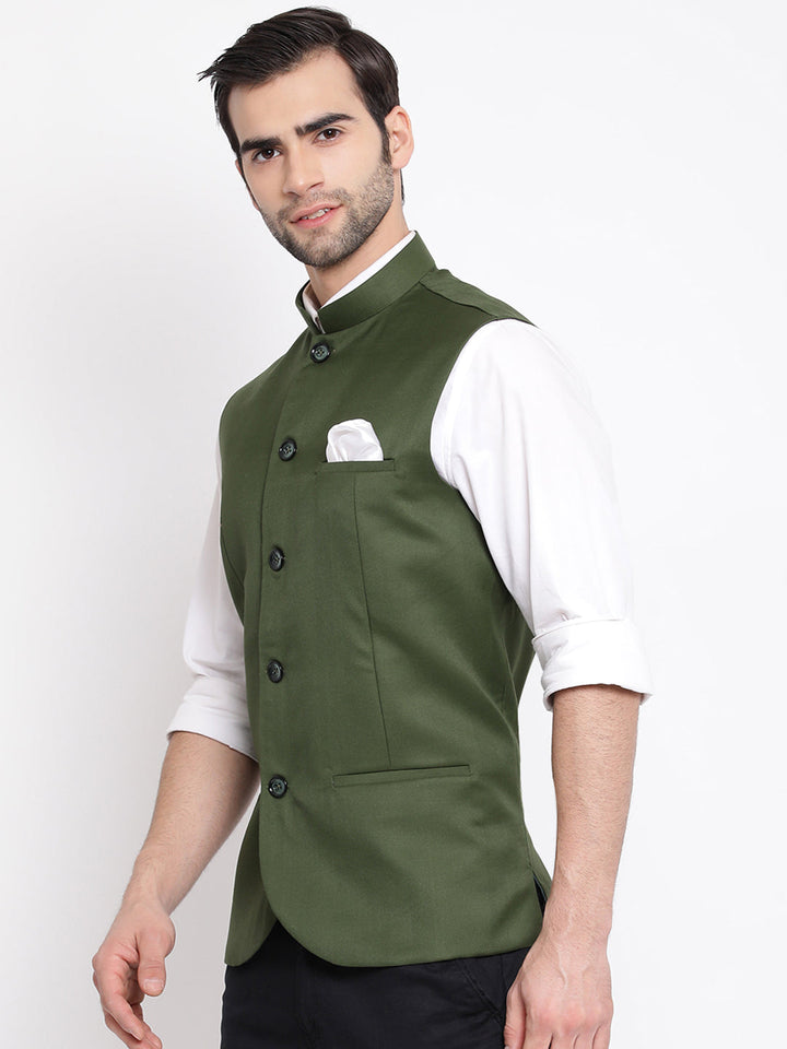 VASTRAMAY Men's Green Cotton Blend Twill Nehru Jacket