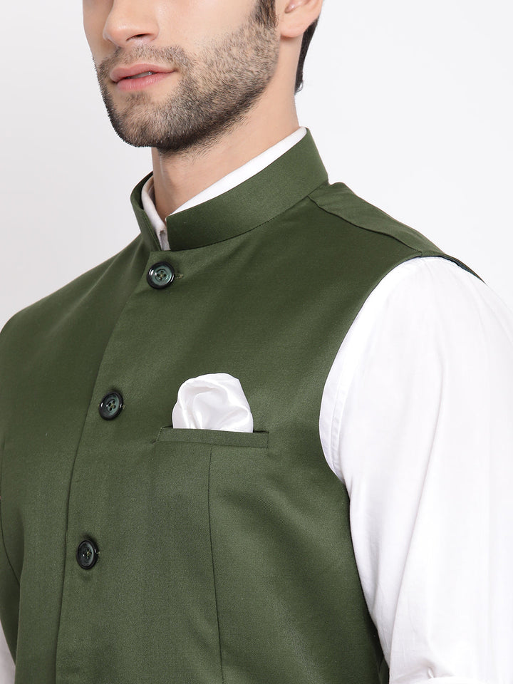 VASTRAMAY Men's Green Cotton Blend Twill Nehru Jacket