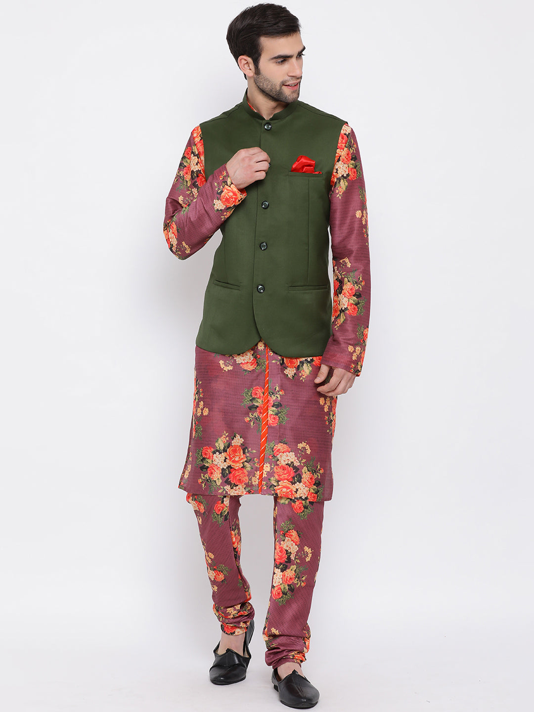 VASTRAMAY Men's Green Twill Jacket, Printed Kurta and Pyjama Set