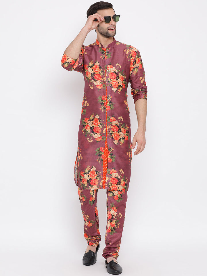 VASTRAMAY Maroon Twill Jacket, Printed Kurta and Pyjama Set