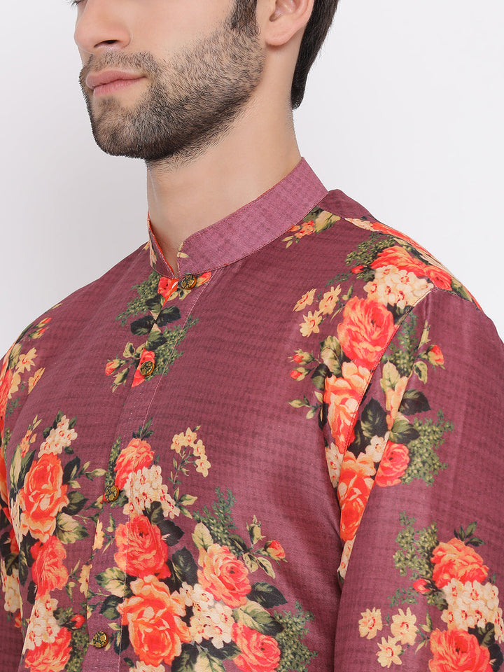 VASTRAMAY Maroon Twill Jacket, Printed Kurta and Pyjama Set